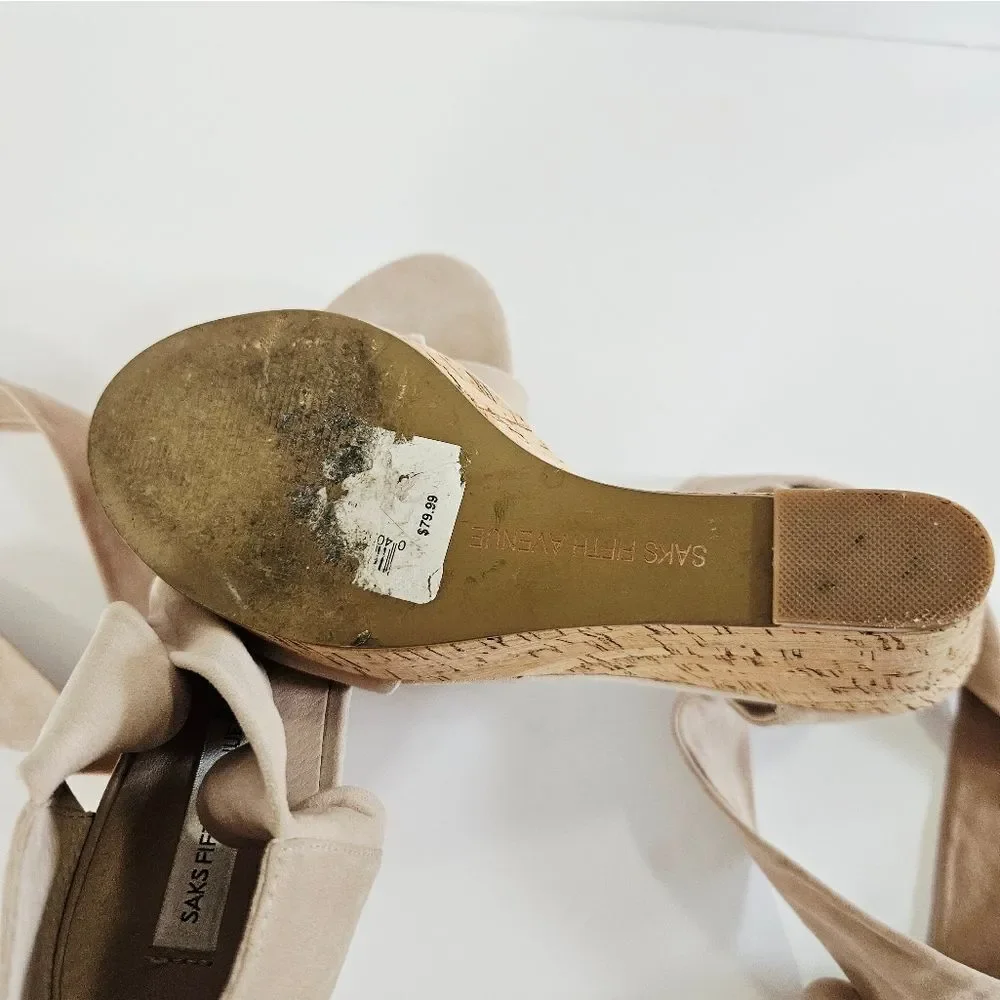 Saks Fifth Avenue Mckenna Cork & Suede Leather Wrap Platform Wedge Sandals 8.5